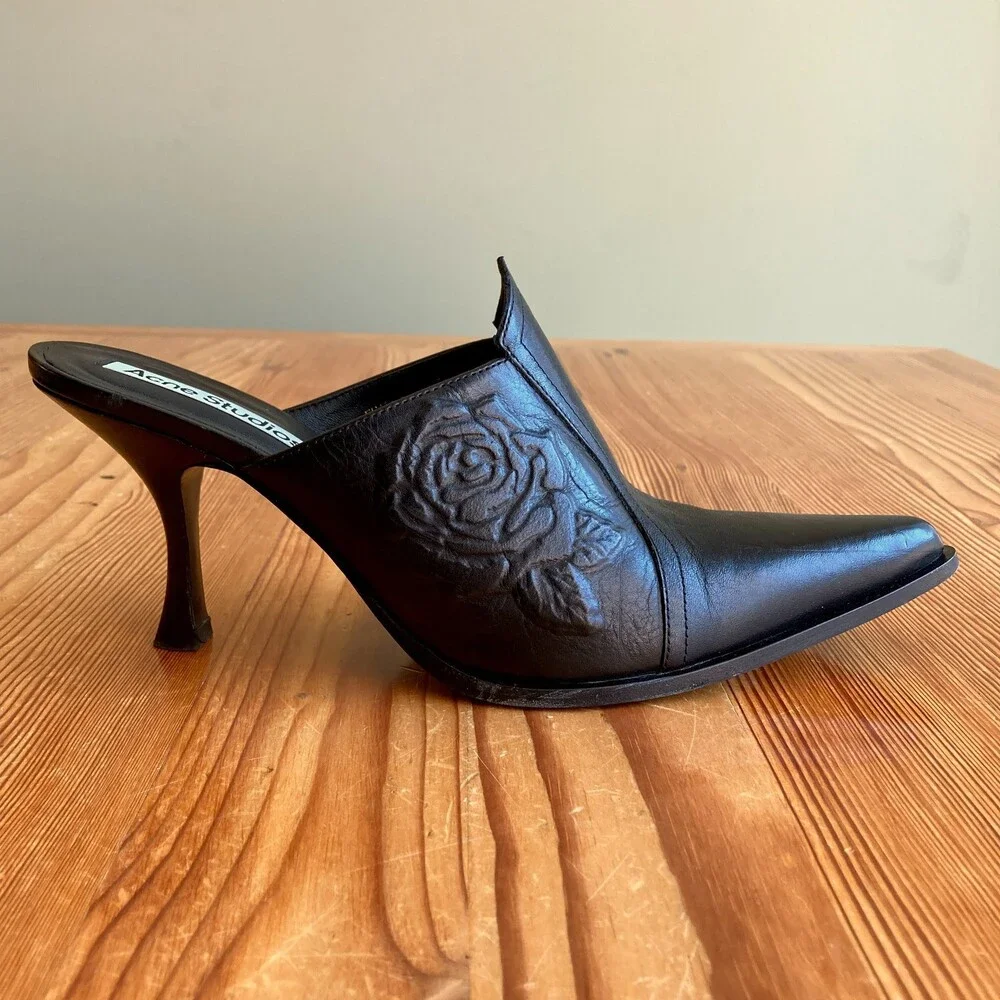 Acne Studios Black Rose Leather Mules Heels NEW w/ Box - Size 41 / 11 - 0811BN